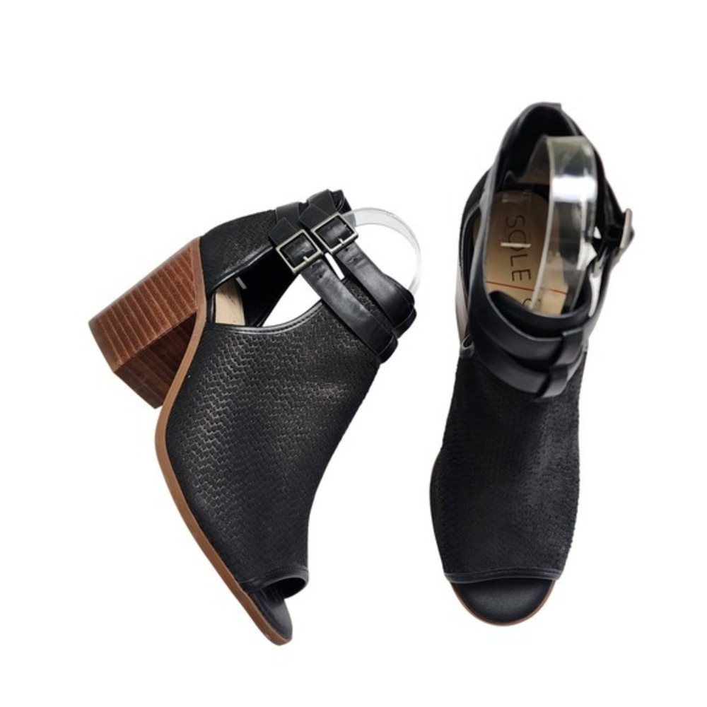 Sole Society Womens Carisse Block Heel Booties Size 9 Black Leather Peep Toe - Picture 3 of 12
